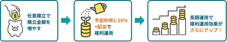 任意積立で積立金額を増やす,予定利率1.25％+配当で複利運用,長期運用で複利運用効果がさらにアップ！